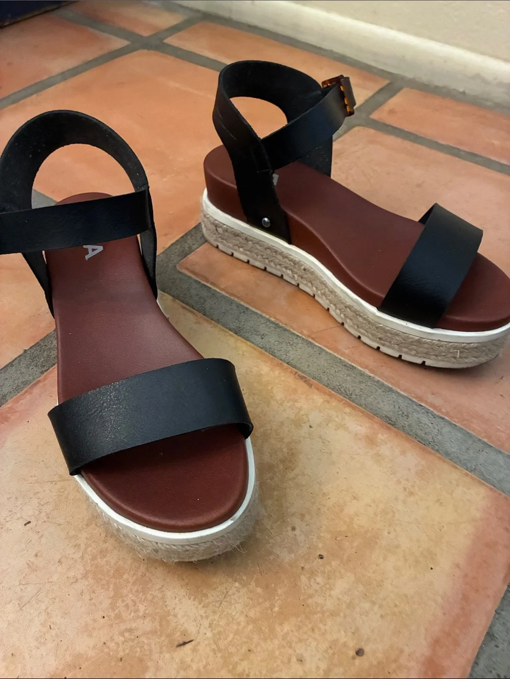 MIA Black Strap Platform Sandal with jute wedge, size 5 1/2
